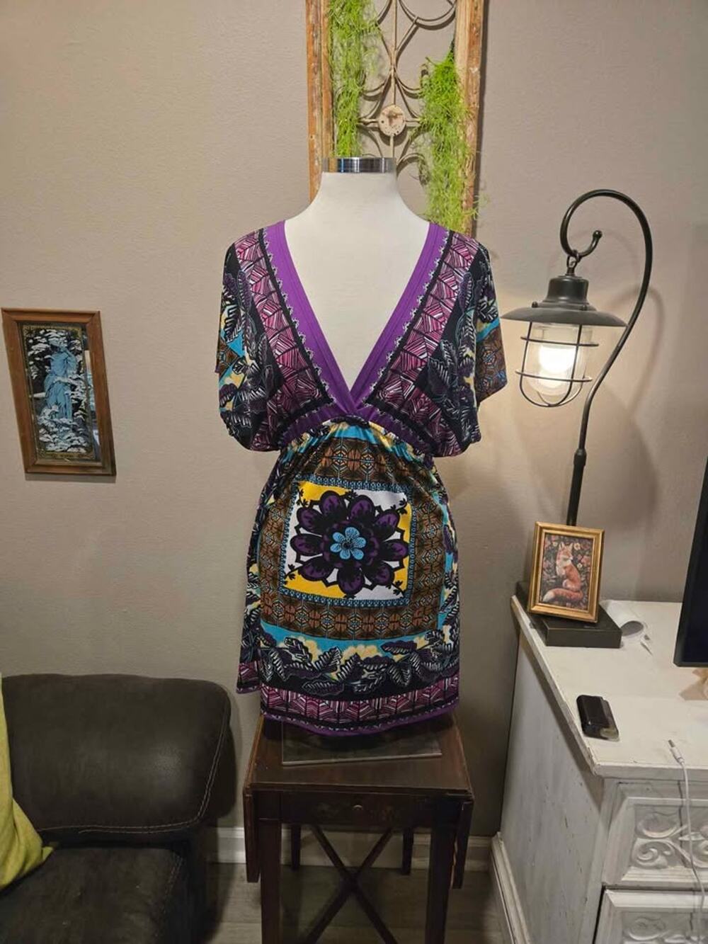 Snap V-Neck Geometric Floral Print Tunic Top Size L